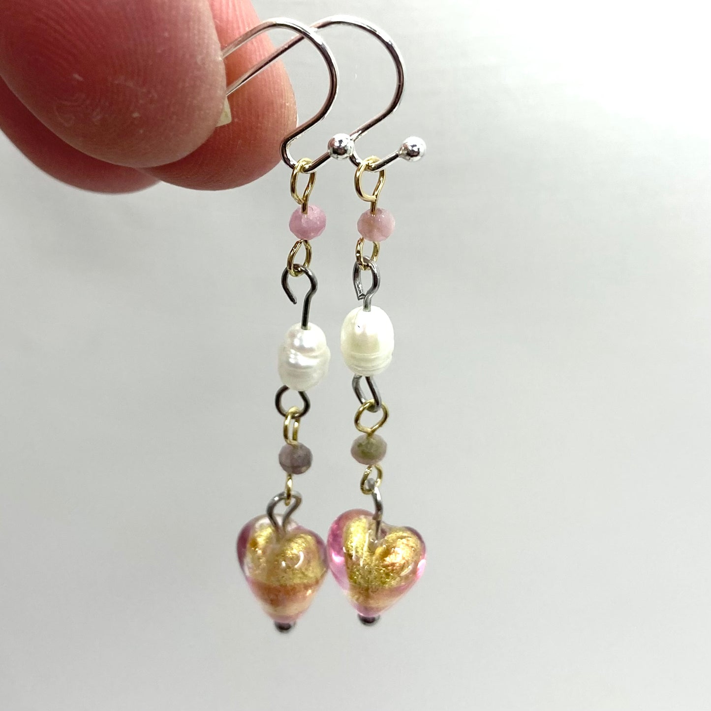 Tourmaline, Pearls and Murano Glass Dangle Earrings