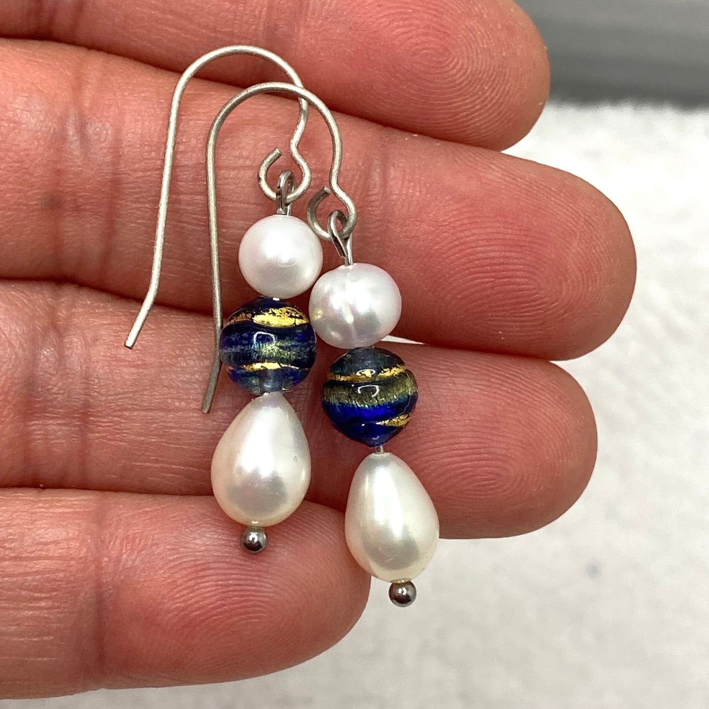 Blue Murano Glass Freshwater Pearl Earrings