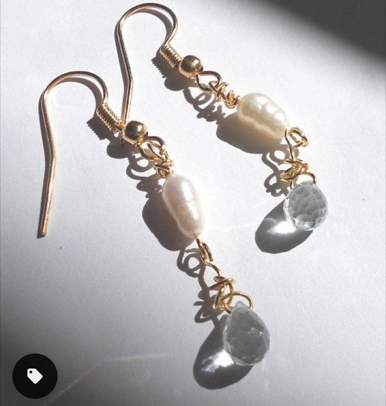 Freshwater Pearl and Aquamarine drop earrings