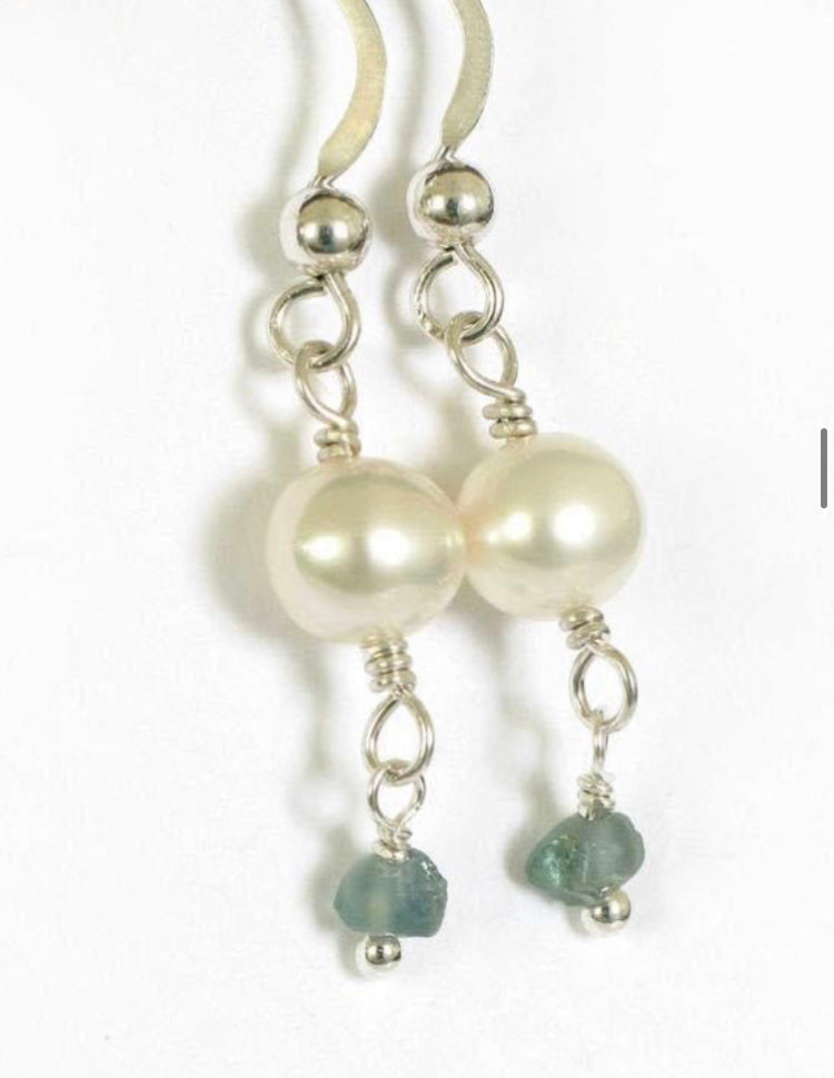 Raw Aquamarine and Freshwater Pearl Earrings