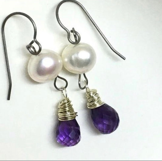 Amethyst and Pearl Wrapped Earrings